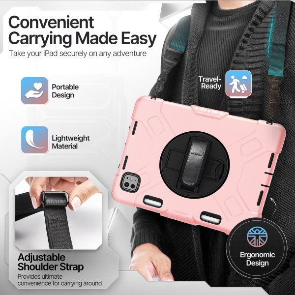 TNP Protective Case for iPad Pro 11 Inch M4 5th Generation 2024 - Shockproof Cover Case with Pencil Holder, Rotating Handle, Adjustable Stand & Shoulder Strap (Model: A2836/A2837/A3006), Pink - Image 5