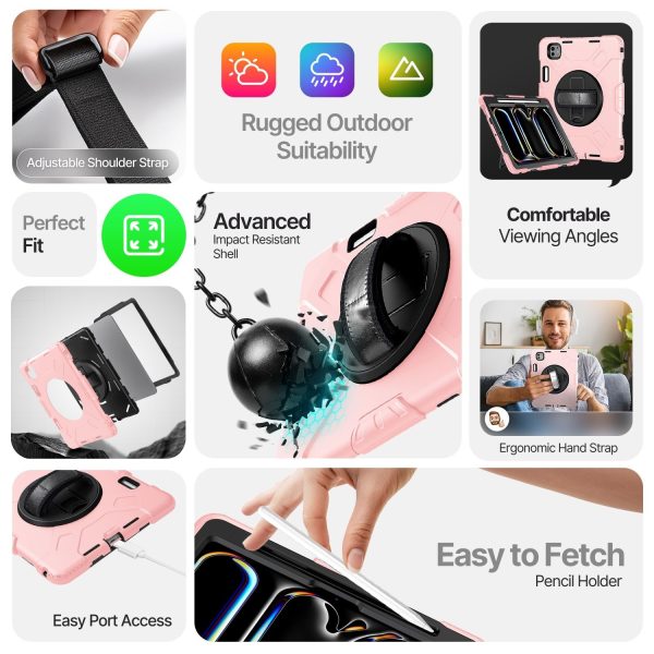 TNP Protective Case for iPad Pro 11 Inch M4 5th Generation 2024 - Shockproof Cover Case with Pencil Holder, Rotating Handle, Adjustable Stand & Shoulder Strap (Model: A2836/A2837/A3006), Pink - Image 7