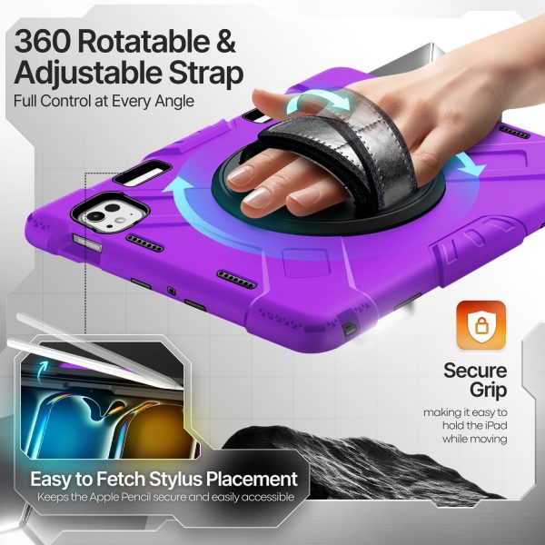 TNP Protective Case for iPad Pro 13 Inch M4 7th Generation 2024 - Shockproof Cover Case with Pencil Holder, Rotating Handle, Adjustable Stand & Shoulder Strap (Model: A2925, A2926, A3007), Purple - Image 4
