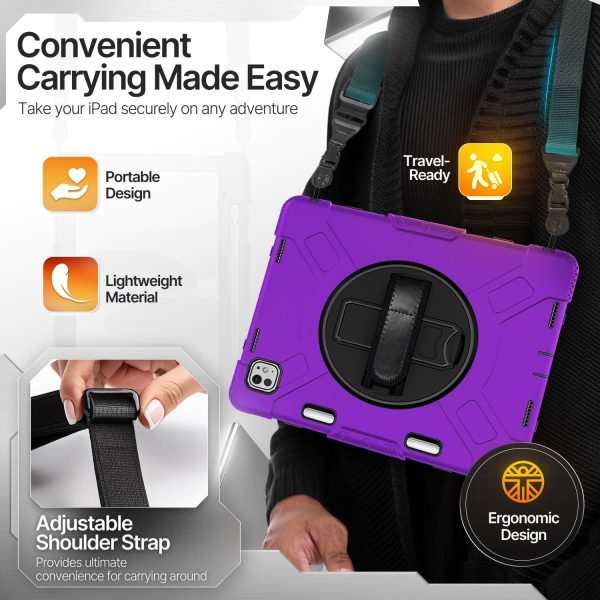 TNP Protective Case for iPad Pro 13 Inch M4 7th Generation 2024 - Shockproof Cover Case with Pencil Holder, Rotating Handle, Adjustable Stand & Shoulder Strap (Model: A2925, A2926, A3007), Purple - Image 5