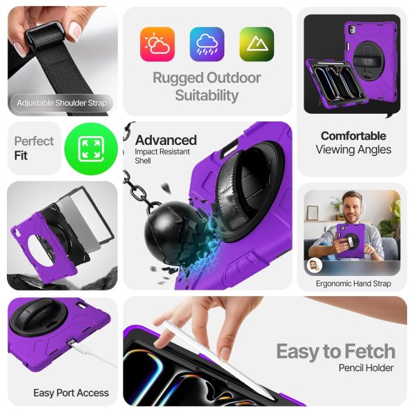 TNP Protective Case for iPad Pro 13 Inch M4 7th Generation 2024 - Shockproof Cover Case with Pencil Holder, Rotating Handle, Adjustable Stand & Shoulder Strap (Model: A2925, A2926, A3007), Purple - Image 7