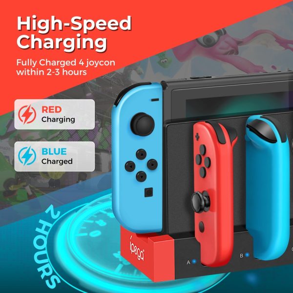 TNP Switch Joycon Charging Dock for Nintendo Switch Controller Charger Station and Switch OLED, Support 4 Joy con Holder with LED Indicator, Remote Docking Stand Base Attachment (Black, Red) - Image 3