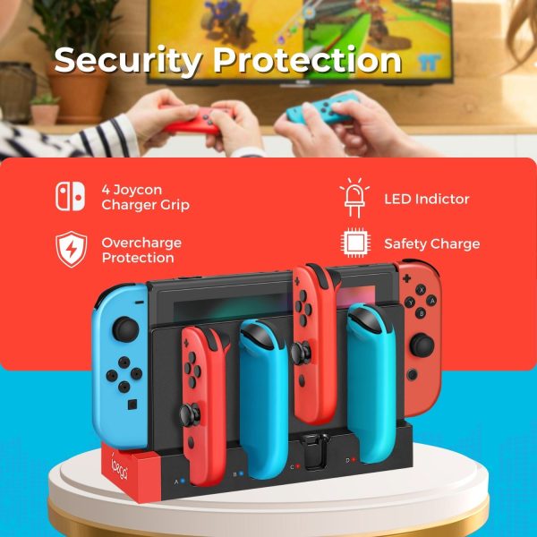 TNP Switch Joycon Charging Dock for Nintendo Switch Controller Charger Station and Switch OLED, Support 4 Joy con Holder with LED Indicator, Remote Docking Stand Base Attachment (Black, Red) - Image 4