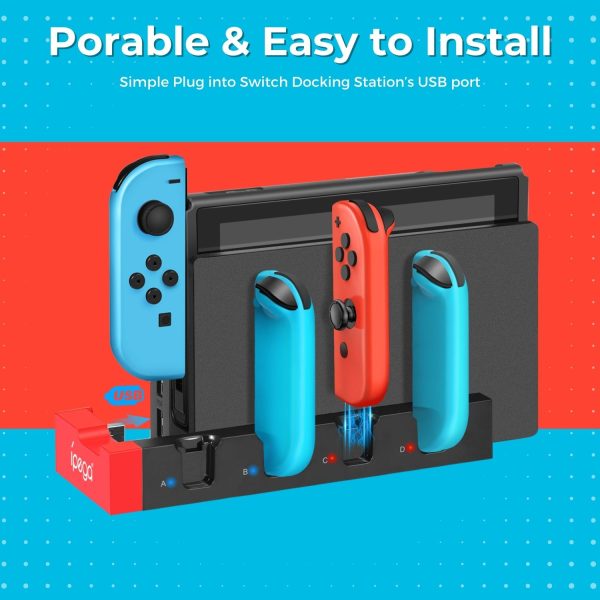 TNP Switch Joycon Charging Dock for Nintendo Switch Controller Charger Station and Switch OLED, Support 4 Joy con Holder with LED Indicator, Remote Docking Stand Base Attachment (Black, Red) - Image 5