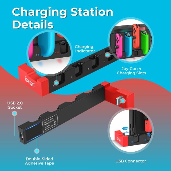 TNP Switch Joycon Charging Dock for Nintendo Switch Controller Charger Station and Switch OLED, Support 4 Joy con Holder with LED Indicator, Remote Docking Stand Base Attachment (Black, Red) - Image 6