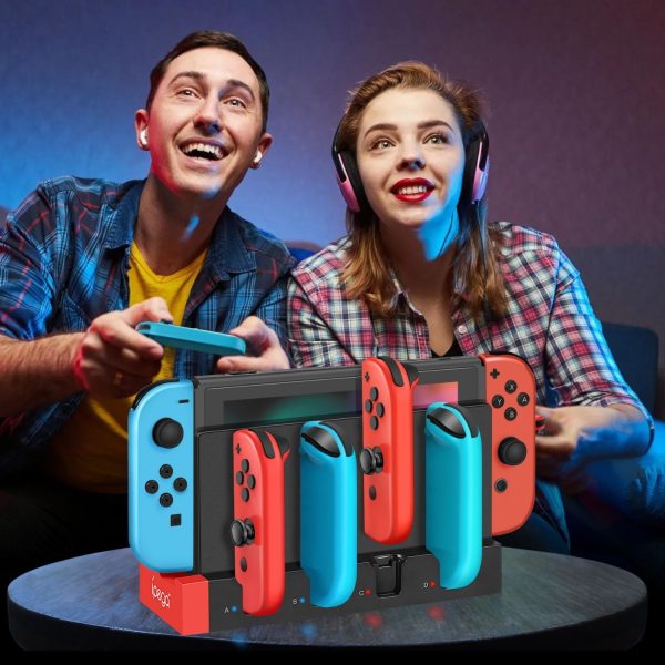 TNP Switch Joycon Charging Dock for Nintendo Switch Controller Charger Station and Switch OLED, Support 4 Joy con Holder with LED Indicator, Remote Docking Stand Base Attachment (Black, Red) - Image 7