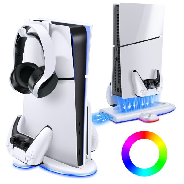 TNP Cooling Stand for PS5 Slim Console with RGB Lighting - 3 Speed Mode Vertical Cooling Station for Playstation 5 Slim Disc & Digital Edition - Dual Charging Dock for PS5 Slim Controllers