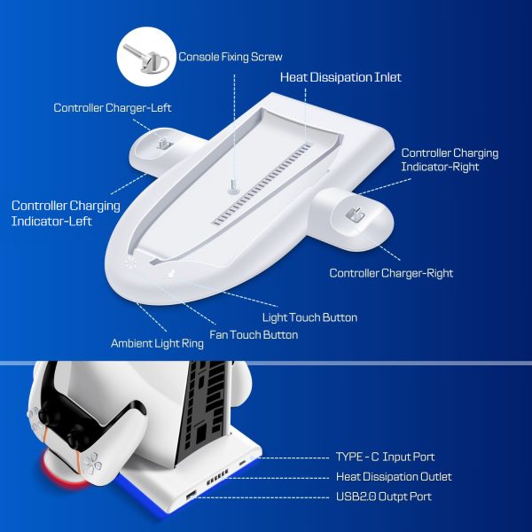 TNP Cooling Stand for PS5 Slim Console with RGB Lighting - 3 Speed Mode Vertical Cooling Station for Playstation 5 Slim Disc & Digital Edition - Dual Charging Dock for PS5 Slim Controllers - Image 3