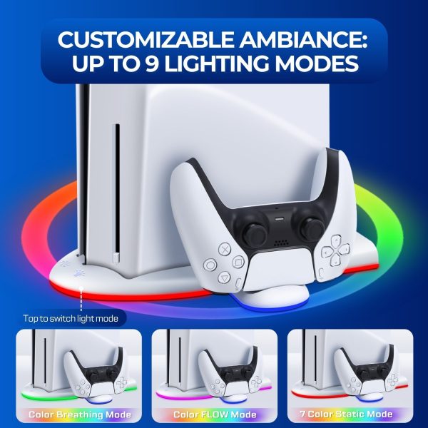 TNP Cooling Stand for PS5 Slim Console with RGB Lighting - 3 Speed Mode Vertical Cooling Station for Playstation 5 Slim Disc & Digital Edition - Dual Charging Dock for PS5 Slim Controllers - Image 7