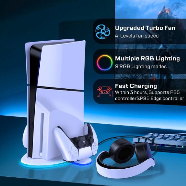 TNP Cooling Stand for PS5 Slim Console with RGB Lighting - 3 Speed Mode Vertical Cooling Station for Playstation 5 Slim Disc & Digital Edition - Dual Charging Dock for PS5 Slim Controllers - Image 10