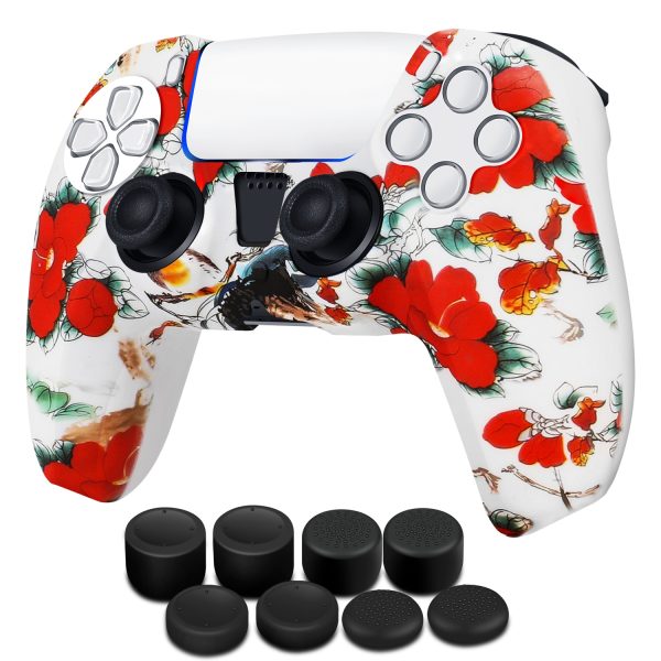 TNP Controller Case for PS5 Silicone Controller Skin for Dualsense Cover + 8 Pro Thumb Grips Set Sony Playstation 5 Skins Accessories Red Flower with Ergonomic Textured Grip