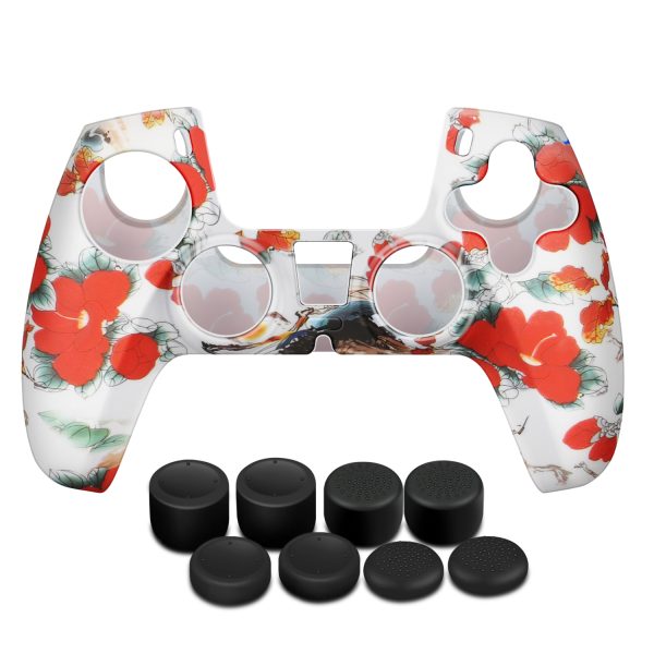 TNP Controller Case for PS5 Silicone Controller Skin for Dualsense Cover + 8 Pro Thumb Grips Set Sony Playstation 5 Skins Accessories Red Flower with Ergonomic Textured Grip - Image 8