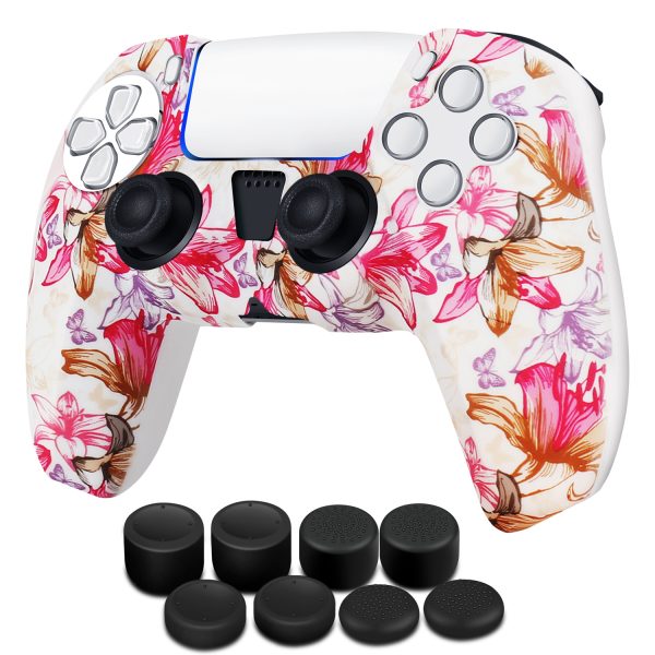 TNP Controller Case for PS5 Silicone Controller Skin for Dualsense Cover + 8 Pro Thumb Grips Set Sony Playstation 5 Skins Accessories Pink Flower with Ergonomic Textured Grip