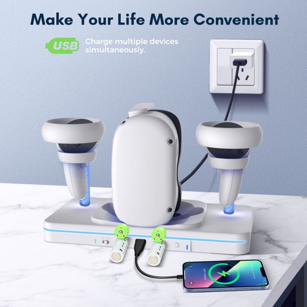 TNP Charging Dock for Oculus Quest 2 - VR Headset and Controller Charging Dock Station USB-C Cable Fast Charging and Data Transfer with  RGB Light, 3x USB 2.0 Ports and 2x Rechargeable Batteries - Image 2