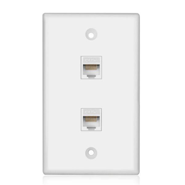 TNP Ethernet Wall Plate Dual Cat5e Port - 1 Gang Double Cat 5 Wall Plate - 2 Port RJ45 Faceplate Network Cable Outlet Cover Female to Female Keystone White