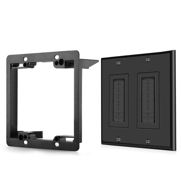 TNP Brush Wall Plate with Mounting Bracket Kit Double 2 Gang Cable Entry Access Brush Bristles Style Strap Opening Port Insert Socket Wiring Plug Jack Decorative Face Cover Outlet Mount Panel (Black)