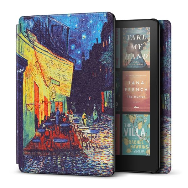 TNP Case for Kindle Paperwhite 12th Generation 2024 / Kindle Colorsoft Signature Edition - 7" PU Leather Protective Folio Cover for Kindle Paperwhite Kids with Auto Sleep/Wake, Cafe At Night