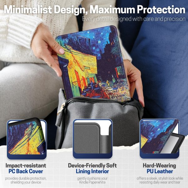 TNP Case for Kindle Paperwhite 12th Generation 2024 / Kindle Colorsoft Signature Edition - 7" PU Leather Protective Folio Cover for Kindle Paperwhite Kids with Auto Sleep/Wake, Cafe At Night - Image 5